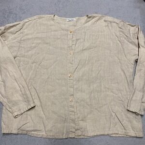 Russ Berens Linen Top XL Beige Tan Button Long Sleeve Minimalist Lagenlook USA